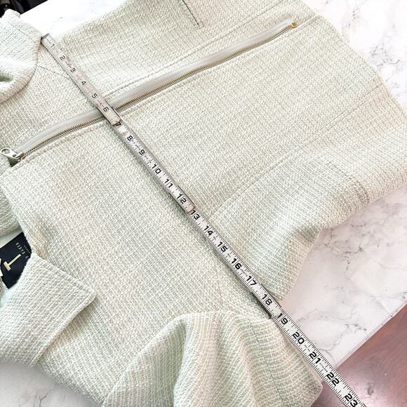 Ted Baker Size 2 Noira Tweed Boucle Moto Jacket Pale Green Gold Threaded - Picture 12 of 13